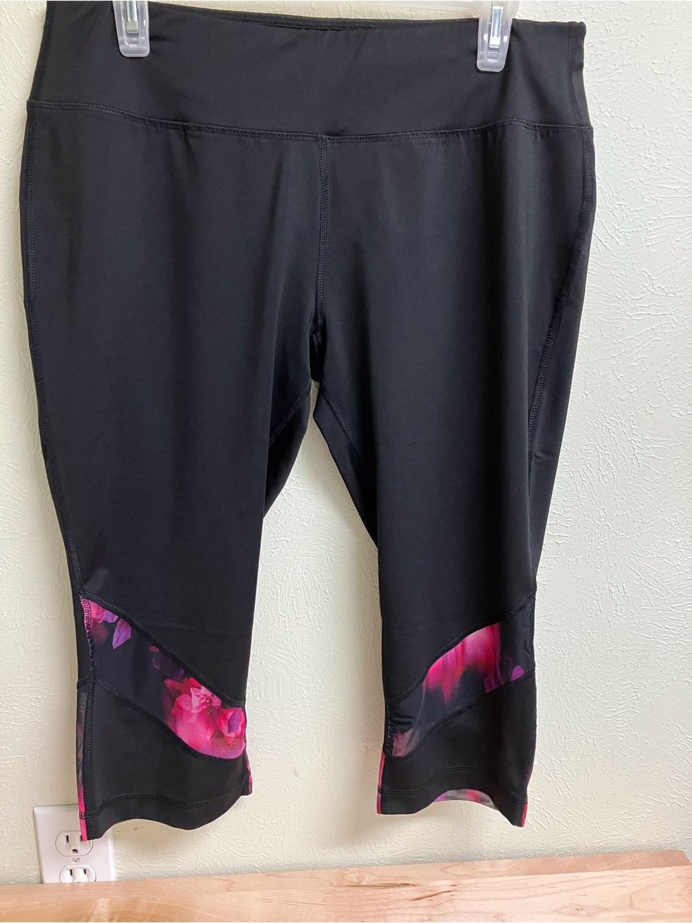 Athletic Works Black Capri Leggings with Pink Floral Accents